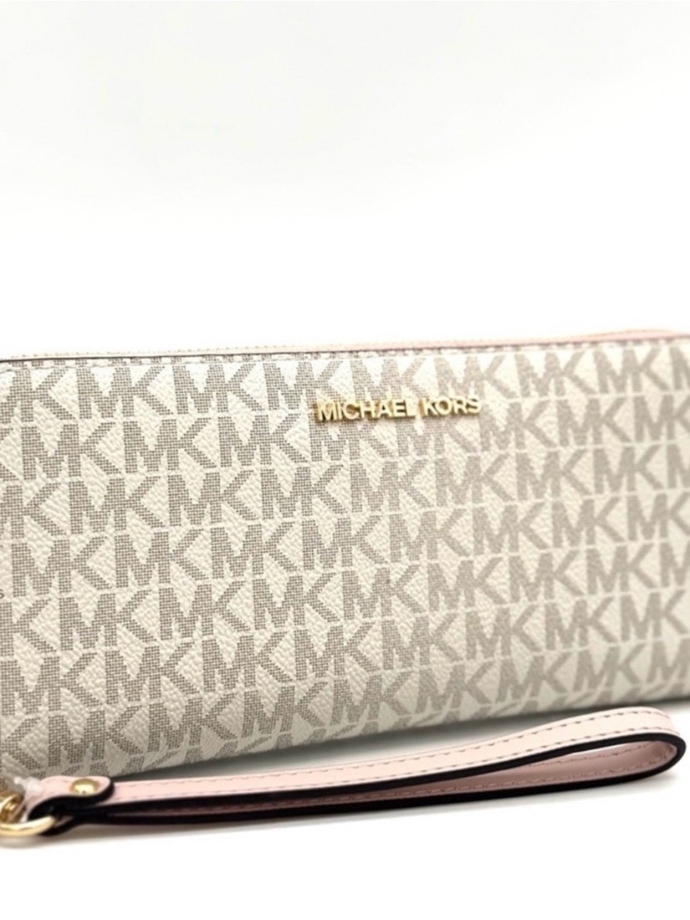 Michael Kors Jet Set Large Logo Wristlet with Pale Pink Trim